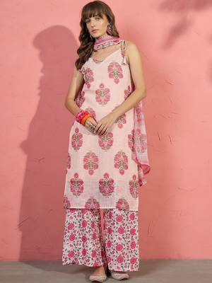 women floral printed regular linen kurta with palazzos & with dupatta 1
