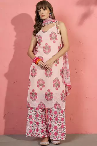 women floral printed regular linen kurta with palazzos & with dupatta