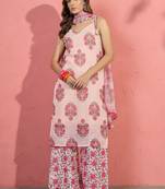 women floral printed regular linen kurta with palazzos & with dupatta