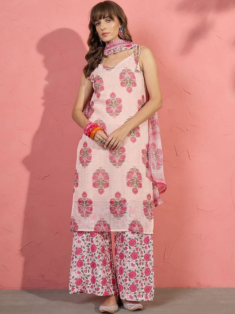 women floral printed regular linen kurta with palazzos & with dupatta