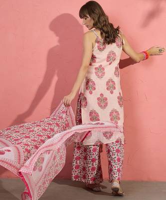 women floral printed regular linen kurta with palazzos & with dupatta 3