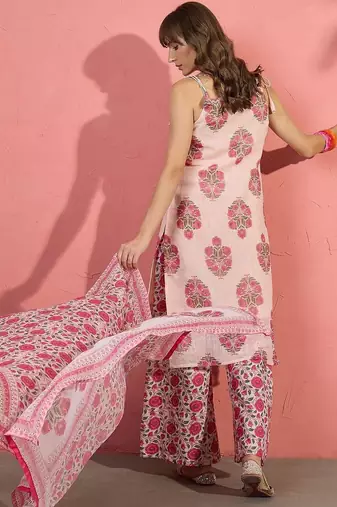 women floral printed regular linen kurta with palazzos & with dupatta
