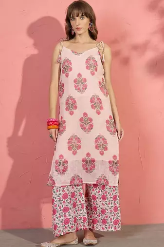 women floral printed regular linen kurta with palazzos & with dupatta
