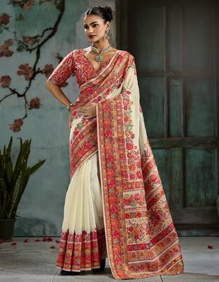 off white hand woven munga cotton blend saree with blouse 1