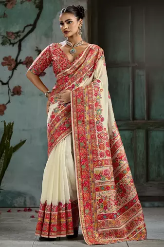 off white hand woven munga cotton blend saree with blouse