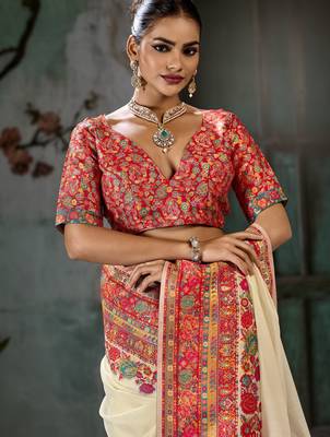 off white hand woven munga cotton blend saree with blouse 2