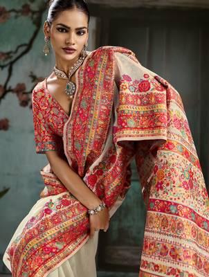 off white hand woven munga cotton blend saree with blouse 4