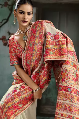 off white hand woven munga cotton blend saree with blouse