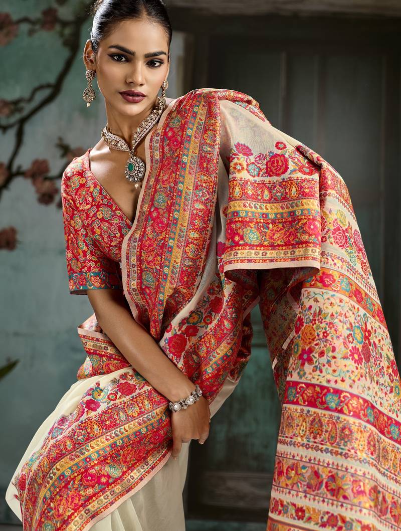 off white hand woven munga cotton blend saree with blouse