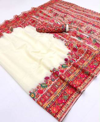 off white hand woven munga cotton blend saree with blouse 5