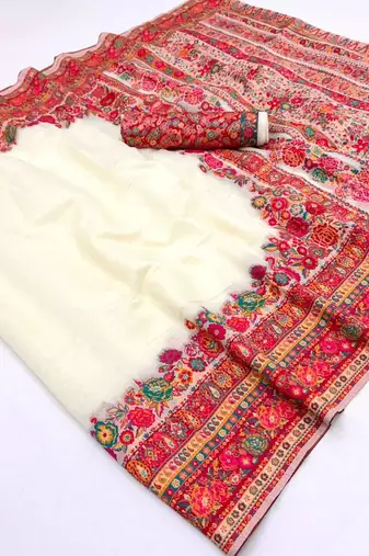 off white hand woven munga cotton blend saree with blouse