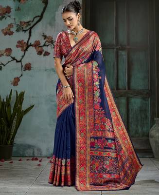 nevy blue hand woven munga cotton blend saree with blouse 1
