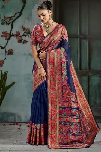 nevy blue hand woven munga cotton blend saree with blouse