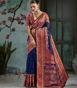 nevy blue hand woven munga cotton blend saree with blouse