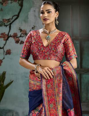nevy blue hand woven munga cotton blend saree with blouse 2