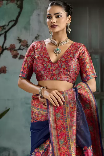 nevy blue hand woven munga cotton blend saree with blouse