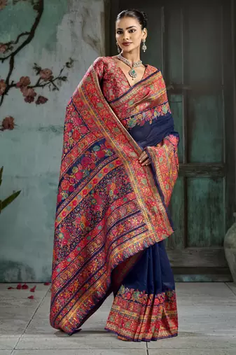 nevy blue hand woven munga cotton blend saree with blouse