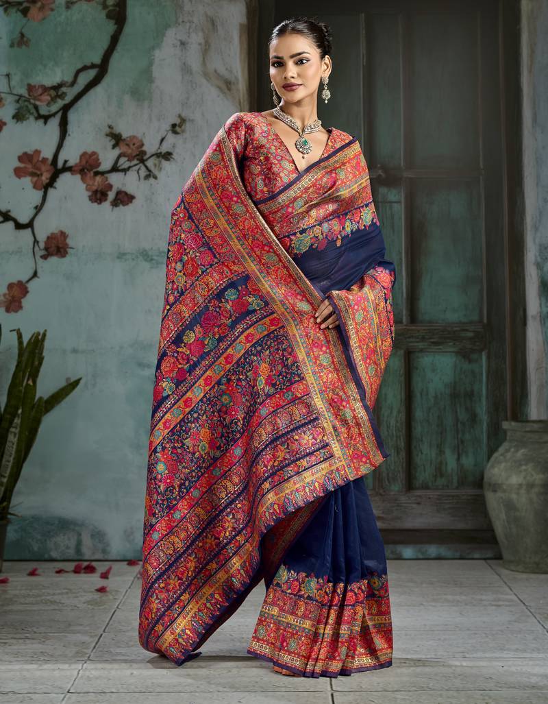 nevy blue hand woven munga cotton blend saree with blouse