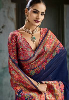 nevy blue hand woven munga cotton blend saree with blouse 4