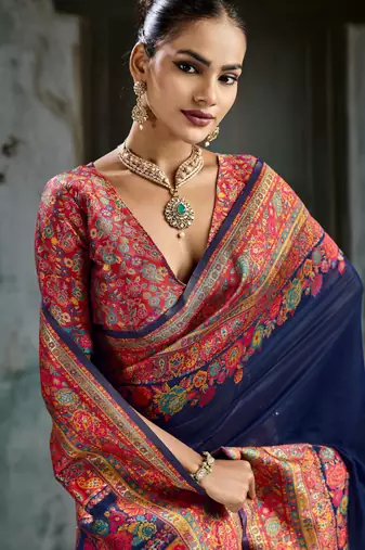nevy blue hand woven munga cotton blend saree with blouse