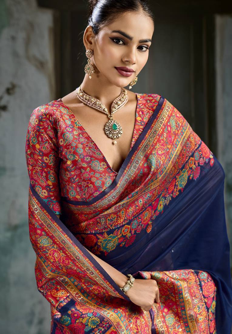 nevy blue hand woven munga cotton blend saree with blouse