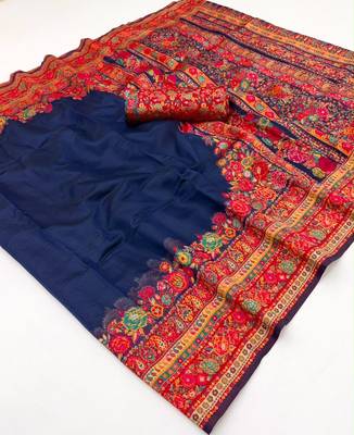 nevy blue hand woven munga cotton blend saree with blouse 5