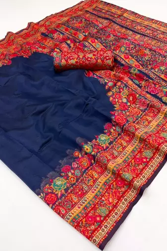 nevy blue hand woven munga cotton blend saree with blouse