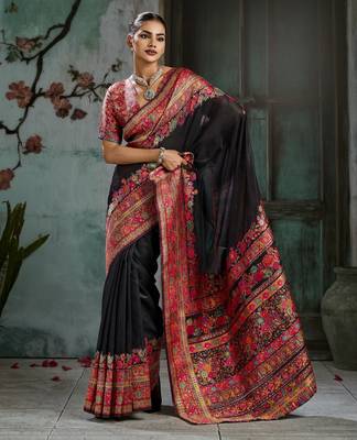 black hand woven munga cotton blend saree with blouse 1