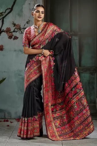 black hand woven munga cotton blend saree with blouse