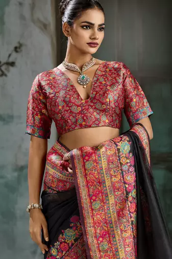 black hand woven munga cotton blend saree with blouse