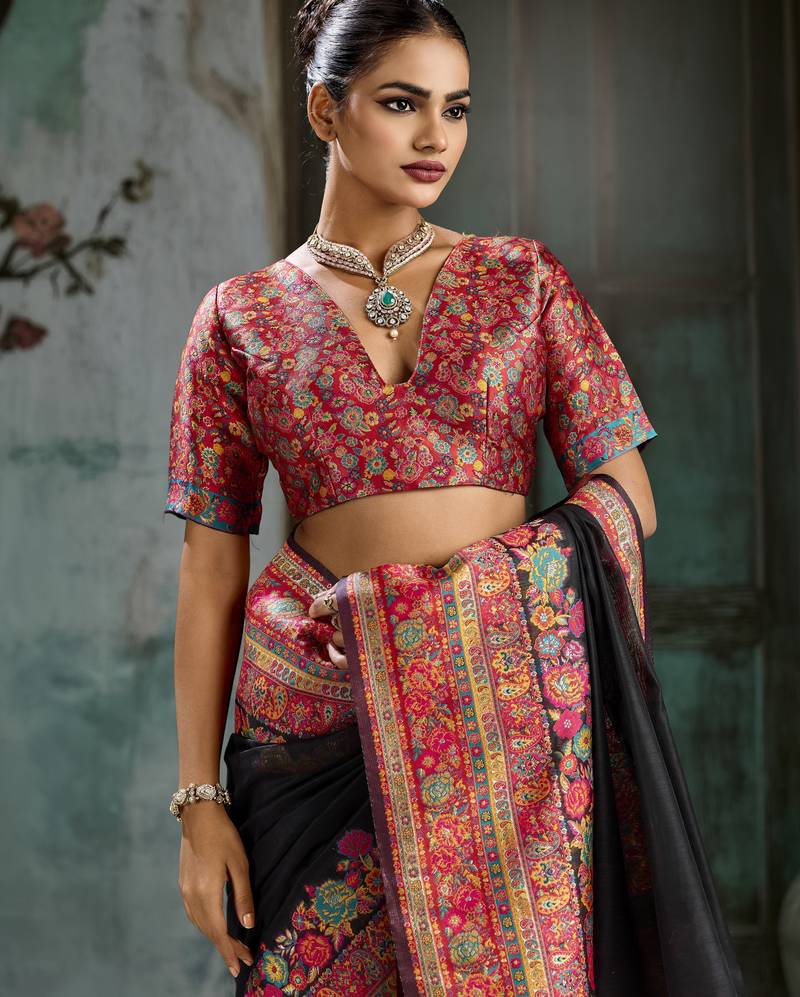 black hand woven munga cotton blend saree with blouse