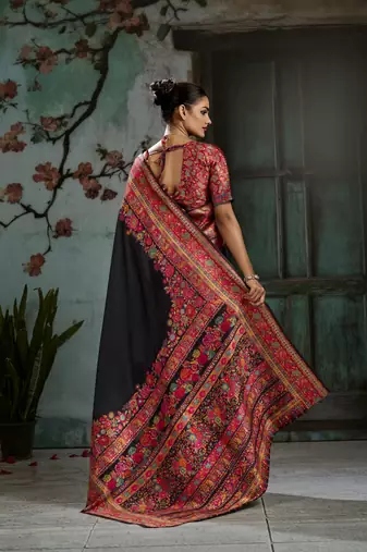 black hand woven munga cotton blend saree with blouse