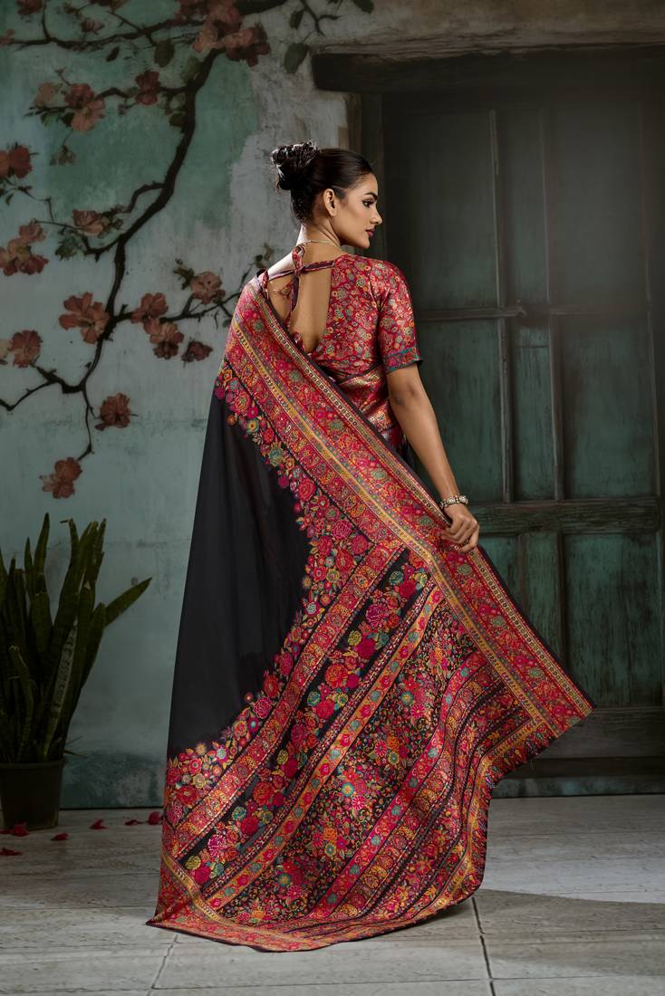 black hand woven munga cotton blend saree with blouse
