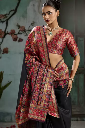 black hand woven munga cotton blend saree with blouse