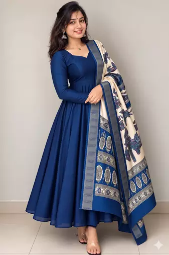Women's blue solid anarkali kurta set with digitally printed kalamkari set