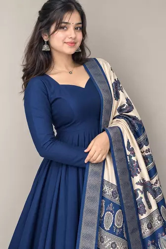 Women's blue solid anarkali kurta set with digitally printed kalamkari set