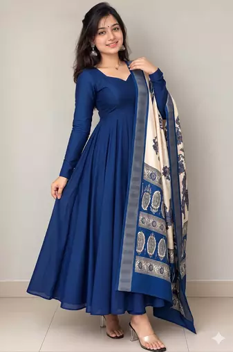 Women's blue solid anarkali kurta set with digitally printed kalamkari set