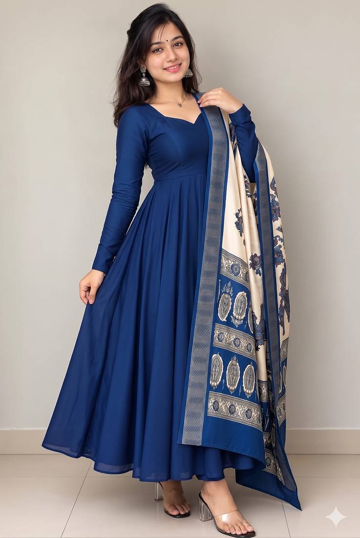 Women's blue solid anarkali kurta set with digitally printed kalamkari set