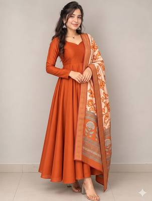 Women's rust orange solid anarkali kurta set with digitally printed kalamkari 1