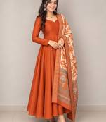 Women's rust orange solid anarkali kurta set with digitally printed kalamkari