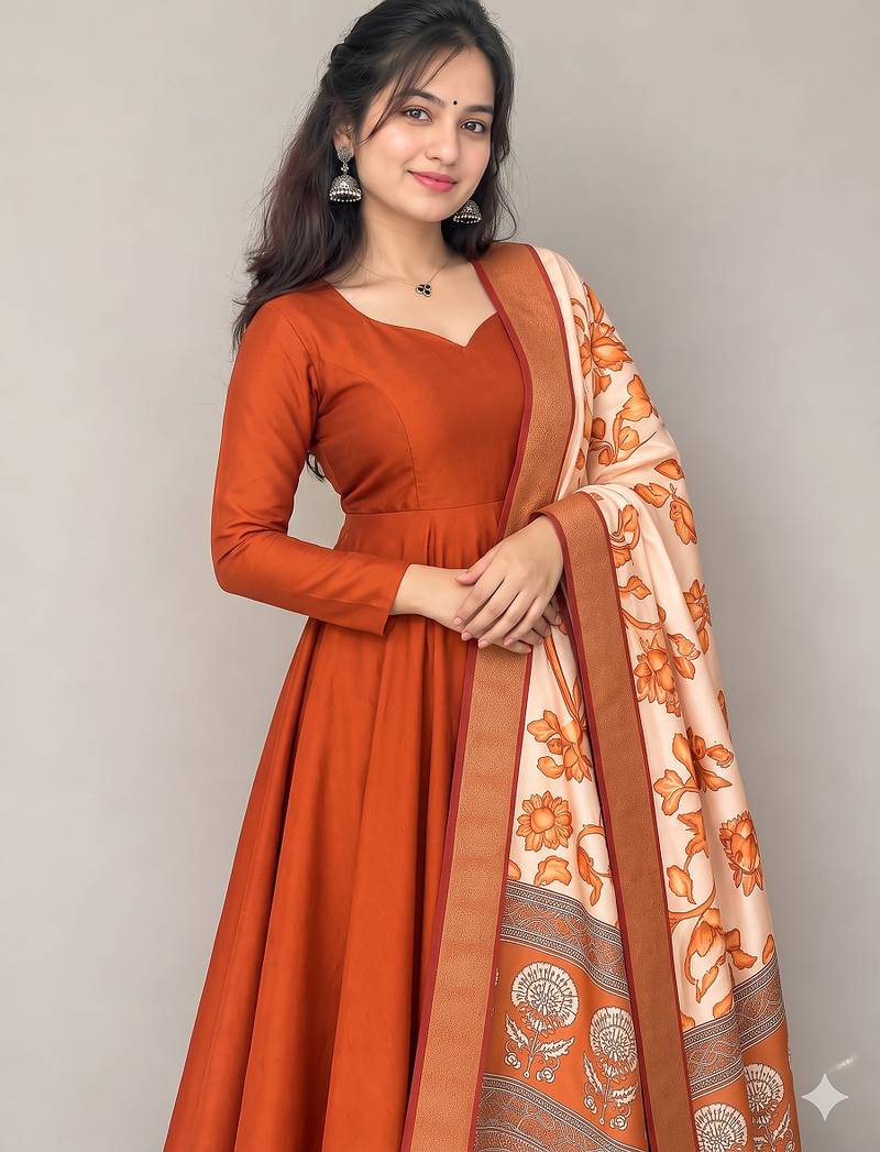 Women's rust orange solid anarkali kurta set with digitally printed kalamkari