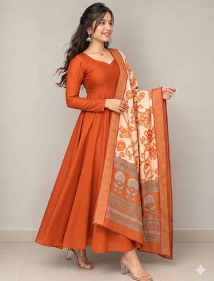 Women's rust orange solid anarkali kurta set with digitally printed kalamkari 3