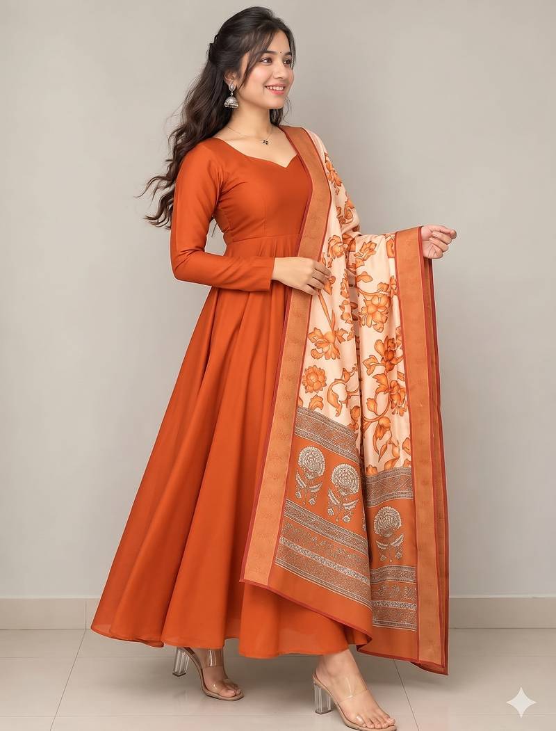 Women's rust orange solid anarkali kurta set with digitally printed kalamkari