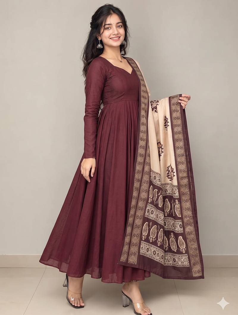 Women's red solid anarkali kurta set with digitally printed kalamkari set