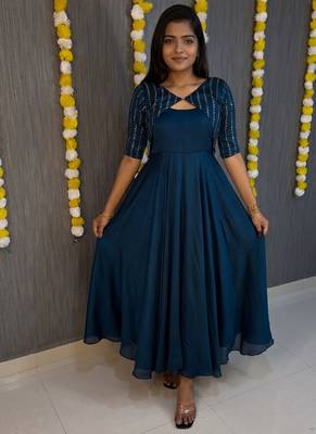 Deep blue flared gown with sequence striped koti jacket 1