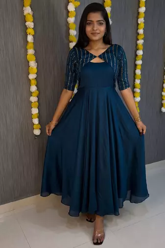 Deep blue flared gown with sequence striped koti jacket