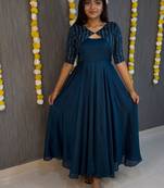 Deep blue flared gown with sequence striped koti jacket