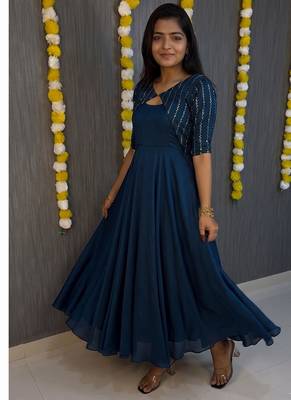 Deep blue flared gown with sequence striped koti jacket 2