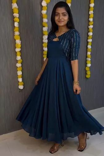 Deep blue flared gown with sequence striped koti jacket