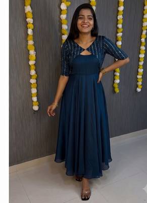 Deep blue flared gown with sequence striped koti jacket 3